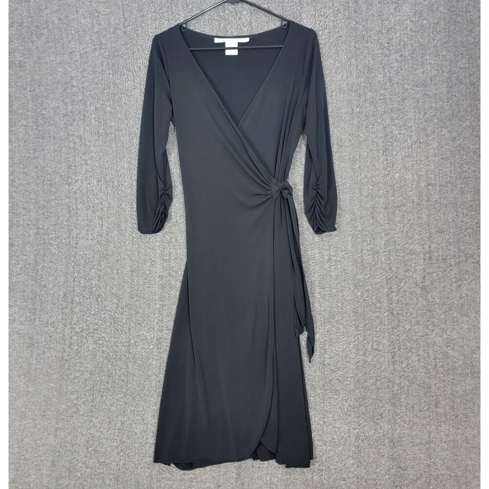 Max Studio Wrap Dress Womens Small Black V Neck Side Tie Stretchy Knit Midi